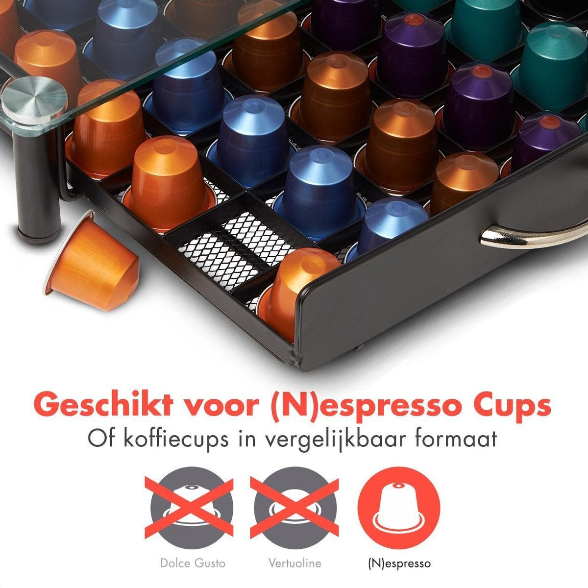 KitchenBrothers Kapselhalter - mit Schublade - Nespresso - 60 Kapseln - Glas - Edelstahl/Schwarz