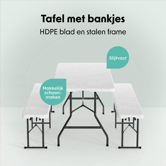 LifeGoods Faltbares Picknick-Set - 180cm x 74cm - Gartentisch mit 2 Bänken - Wetterfest - Campingtisch - Biertisch faltbar - Für Innen und Außen - Für 6 bis 8 Personen - Weiß