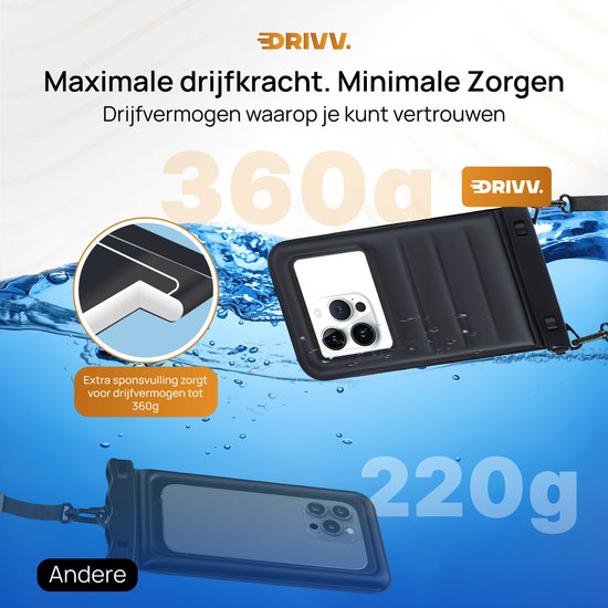 Drivv. Luxuriöse wasserdichte Handyhülle – schwimmfähig – doppelter Clipverschluss – zusätzlicher Schwamm – für Handys bis zu 6,8 Zoll – Unterwasser-Handyhülle – Schwarz