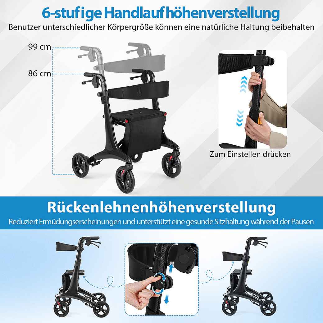 Coast Faltbarer Rollator Schwarz - Ultraleichte Carbon Gehhilfe mit Sitz - 78 x 62 x 86-99 cm