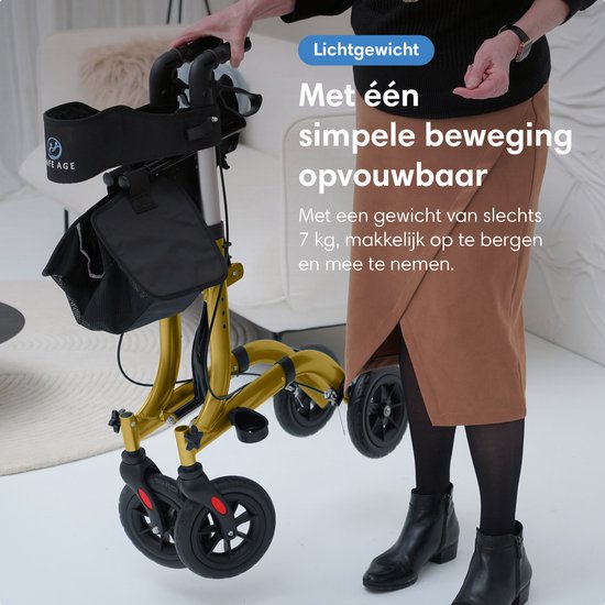Safe Life® Rollator - Leicht und faltbar - Sitzfunktion - Für drinnen und draußen - Rückenlehne und Gehstockhalter - Gold