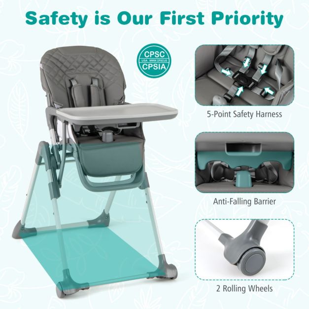 Coast Klappbarer Kinderstuhl mit Liegefunktion – Verstellbarer Baby-Kinderstuhl mit 5-Punkt-Gurt, Rollen und abnehmbarem Tablett – Grau