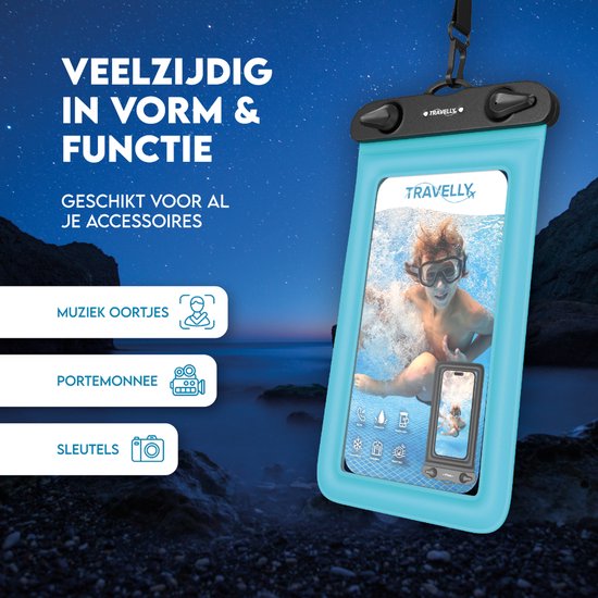 Travelly® Wasserdichte Handytasche 2er-Set - Universelle Unterwassertasche für Smartphone - Geeignet für alle Handys - Drybag - Für Urlaub, Schwimmen & Wassersport - Schwarz/Blau