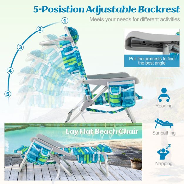 Komfortabler Strandkorb Coast mit 5-fach verstellbarer Rückenlehne, klappbarem, leichtem Aluminiumgestell, Getränkehalter und Staufächern - Blau/Grün, 66x65x78 cm