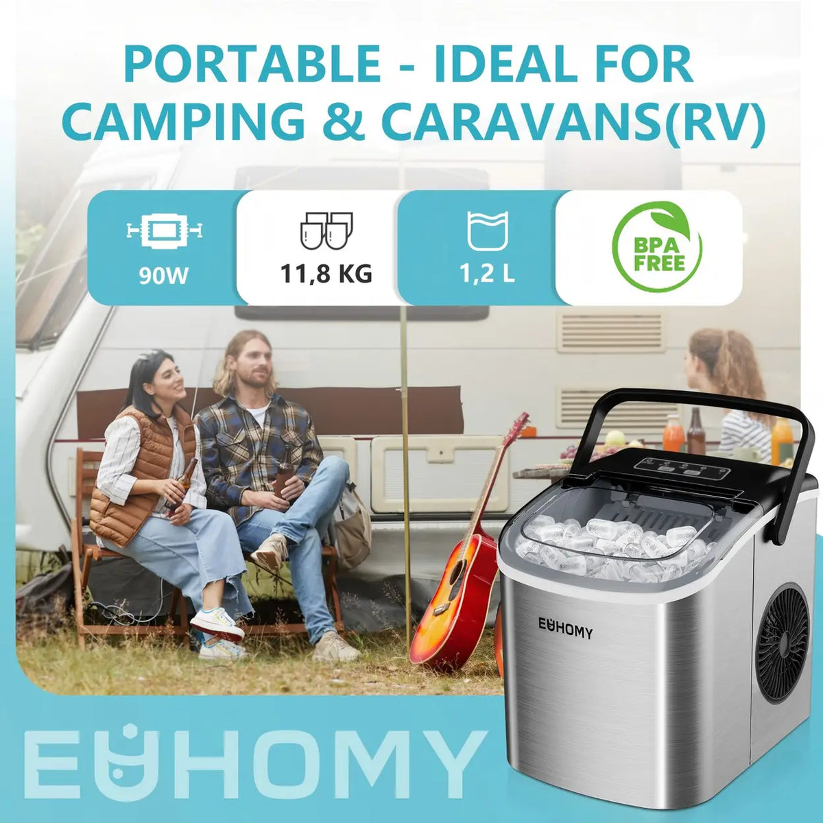 Euhomy Eiswürfelmaschine Compact – 9 Eiswürfel in 6 Minuten – 12 kg pro 24 Stunden