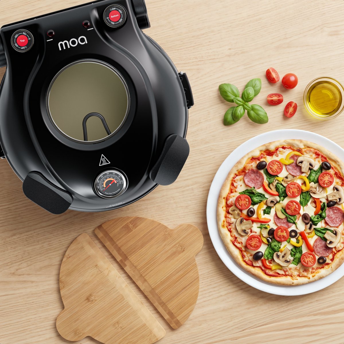 MOA Elektrischer Pizzaofen – Bis zu 400 °C – 30,5 cm Pizzastein – Einstellbare Ober- und Unterhitze – Inklusive 2 Bambus-Pizzaschaufeln – Schwarz
