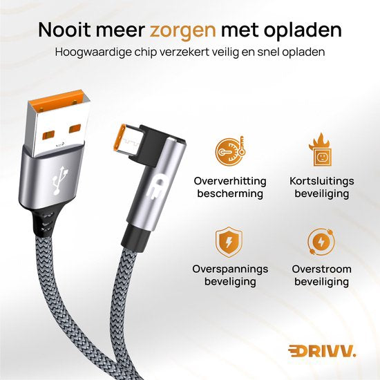 Drivv. USB-zu-USB-C-Kabel – abgewinkelt – USB-C-Daten- und Ladekabel – Fast Charge / Schnelllader – 3 Meter – Grau