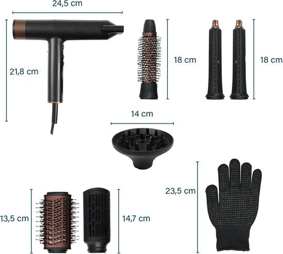 Princess Airstyler Pro 529205 - 7 in 1 - 2000 Watt - 1,8m Kabel - BLDC Motor - Luxus-Aufbewahrungstasche - Wärmehandschuh - Multi Styler - Haarwickel - Haarglätter - Haartrockner - Wärmebürste - Föhnbürste - Lockenbürste und Stylingbürste