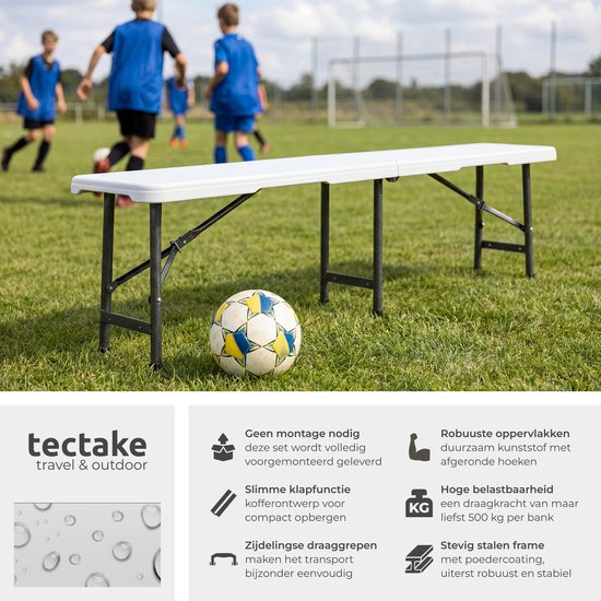 tectake® 2er-Set klappbare Bänke – Gartenbänke – für 8 Personen – Bierbank – tragbare Bänke für Camping-Tisch – Biertisch – Picknicktisch – Gartentisch – 500 kg Tragkraft pro Bank – Weiß