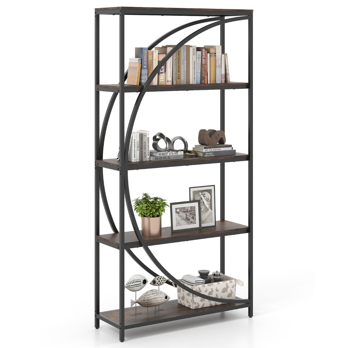Coast Bücherregal mit 5 Fachböden – geschwungenes Design – Metallgestell – braun – 86 x 30 x 175 cm