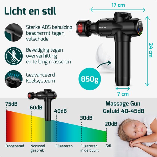 FITAGE - Massage Gun Hot & Cold - Professionelles Massagegerät - 8 Aufsätze - 20 Stufen - schwarz