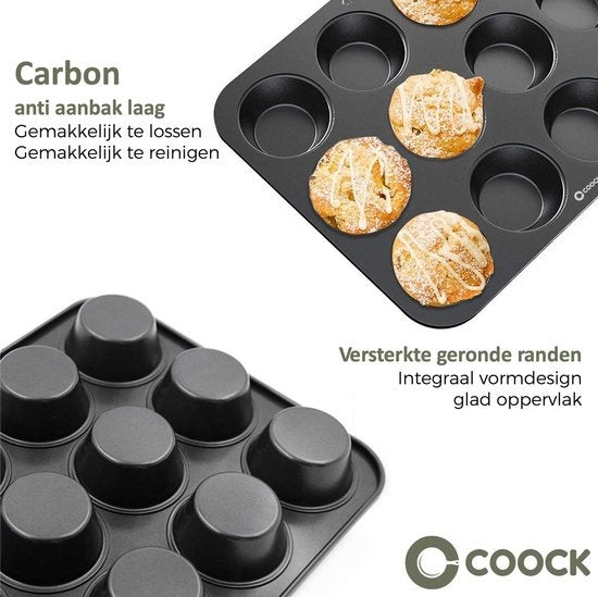 COOCK - Muffin Bakvorm met 12 Cupcake Vormpjes - Non Stick | Incl. Papieren vormpjes & E-book