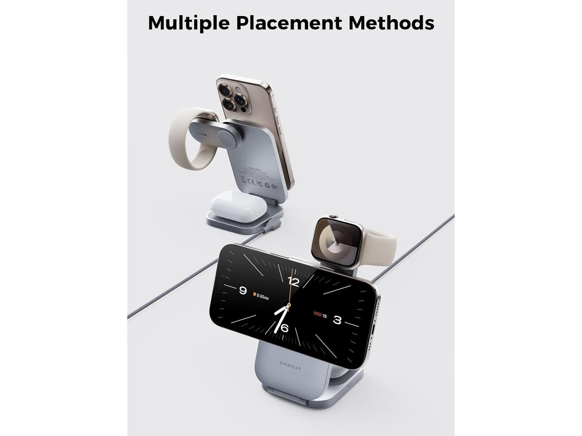 AMEGAT 3-in-1 MagFusion Z Ladestation – Qi2 – 15 W – MagSafe – zusammenklappbar – inklusive 30-W-Adapter
