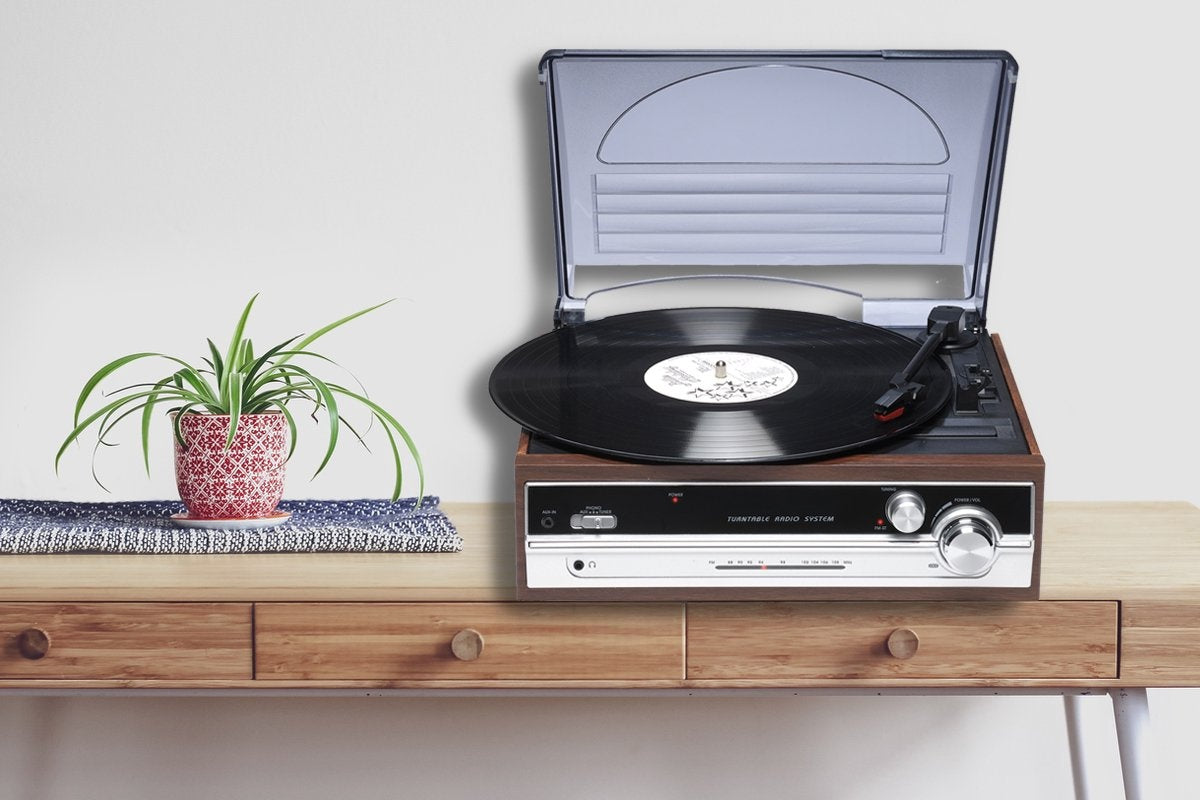 Denver Retro-Schallplattenspieler - Integrierte Lautsprecher - FM-Radio - Auto-Stopp-Funktion - AUX - Phono - VPR190 - Holz/Silber