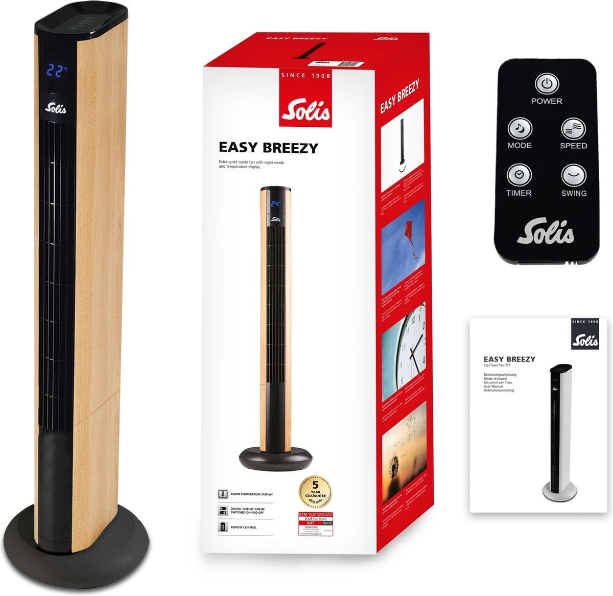 Solis Easy Breezy 757 Turmventilator - Ferngesteuerter Standventilator - Timerfunktion - 44,8 dB - 91 cm hoch - Holzoptik