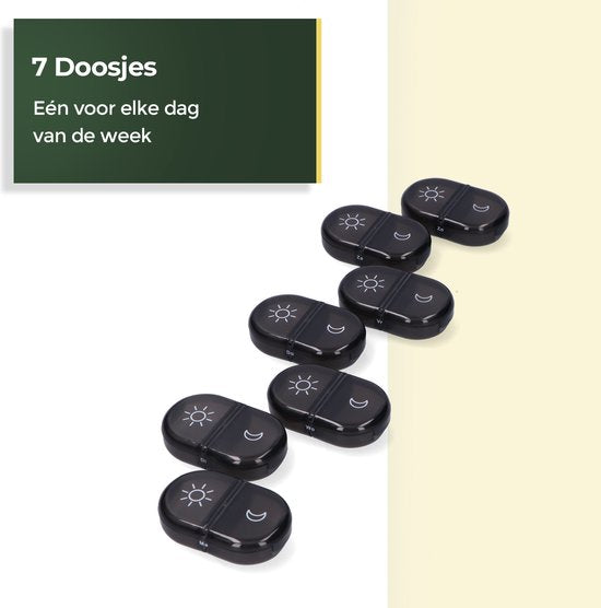 Gandria Pillendose 7 Tage - Herausnehmbare Pillendose - Medizinbox mit 14 Fächern - Medizinbox mit stabilem Verschluss - 2 Fächer pro Tag - Schwarz