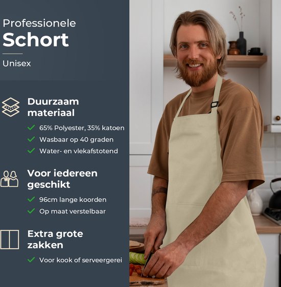 Küchenschürze - Wasser- und schmutzabweisend - Professionelle Kochschürze - Schürze für Frauen und Männer - Catering-Schürze - Unisex - Verstellbare Schnalle - Extra große Fächer - Sandfarben