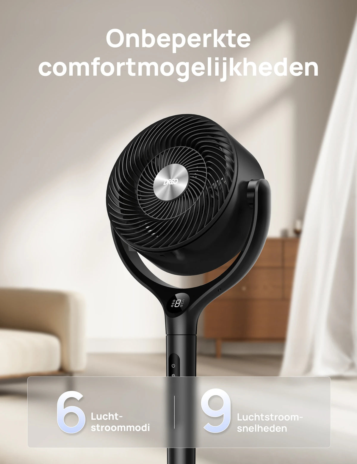 Dreo Turbo Luftzirkulator DR-HPF022 – Ständerventilator – 9 Geschwindigkeitsstufen & 6 Betriebsmodi – Fernbedienung – 120°-Oszillation – Höhe 94–107 cm