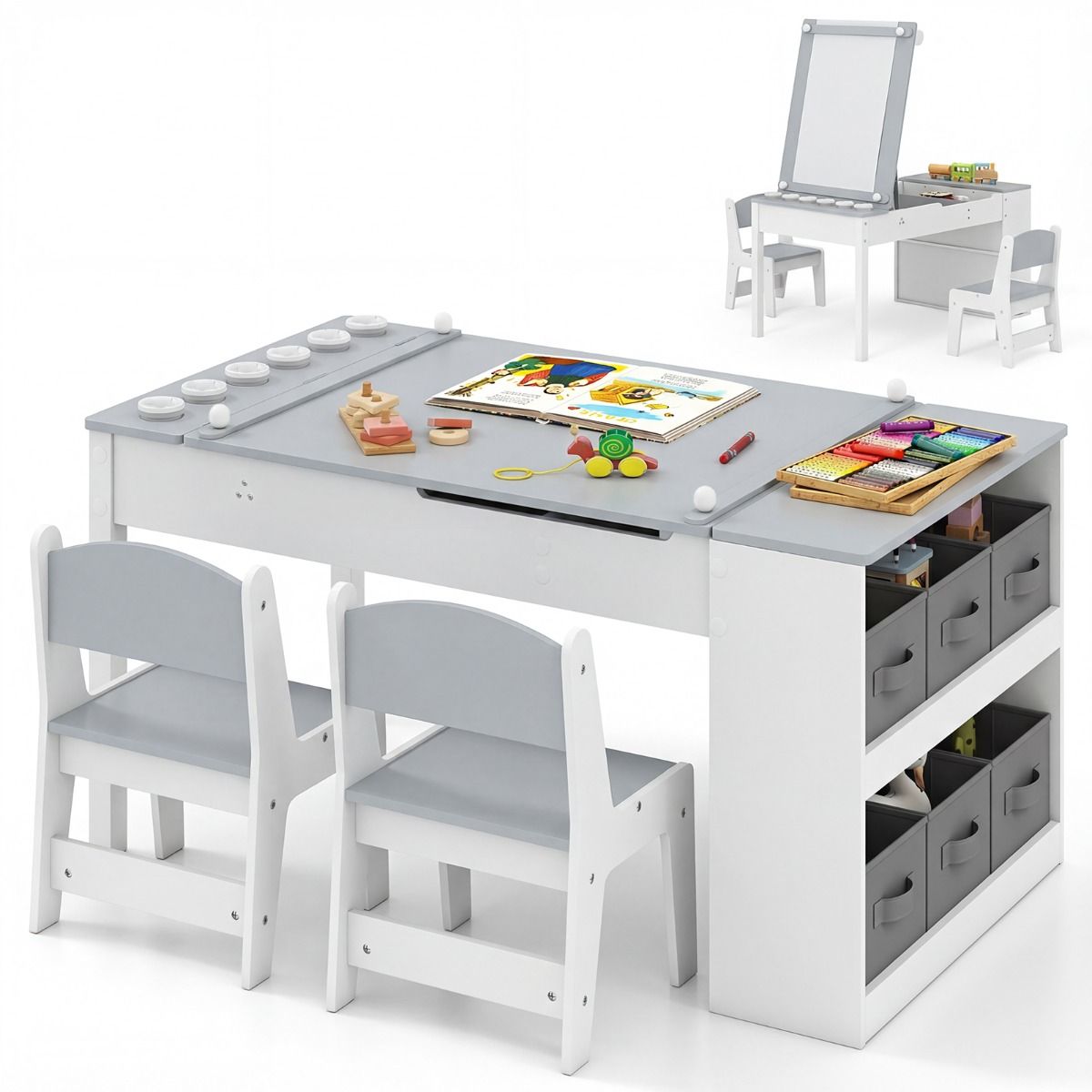 Coast Kinder-Tisch- und Stuhlset – 2-in-1-Zeichentisch mit Stauraum und Papierrolle – grau