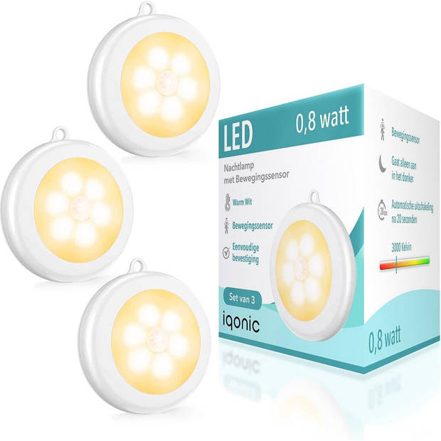 Iqonic - 3er Pack kabellose Led-Lampe - Warmweiß - 8x8x1,7 cm