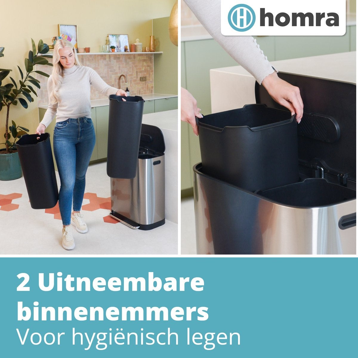 Doppelmülleimer 2x30L Homra Rockx - Duo-Treteimer 60L mit Geruchsfilter - Edelstahl Mülltrennung Mülleimer 2 Fächer - Recycling Mülleimer - Mülleimer Küchenabfalltrennung - Abfalleimer - Edelstahl matt