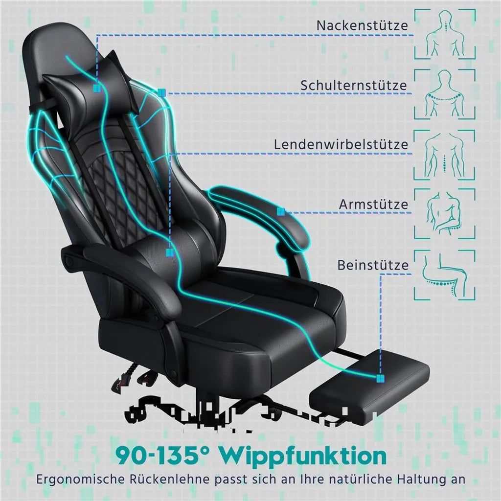 Yaheetech Gaming Chair 72 × 72 × 124,5-134 cm - Schwarz - Ergonomischer Gaming Chair mit Massagefunktion, Fußstütze und verstellbarer Höhe