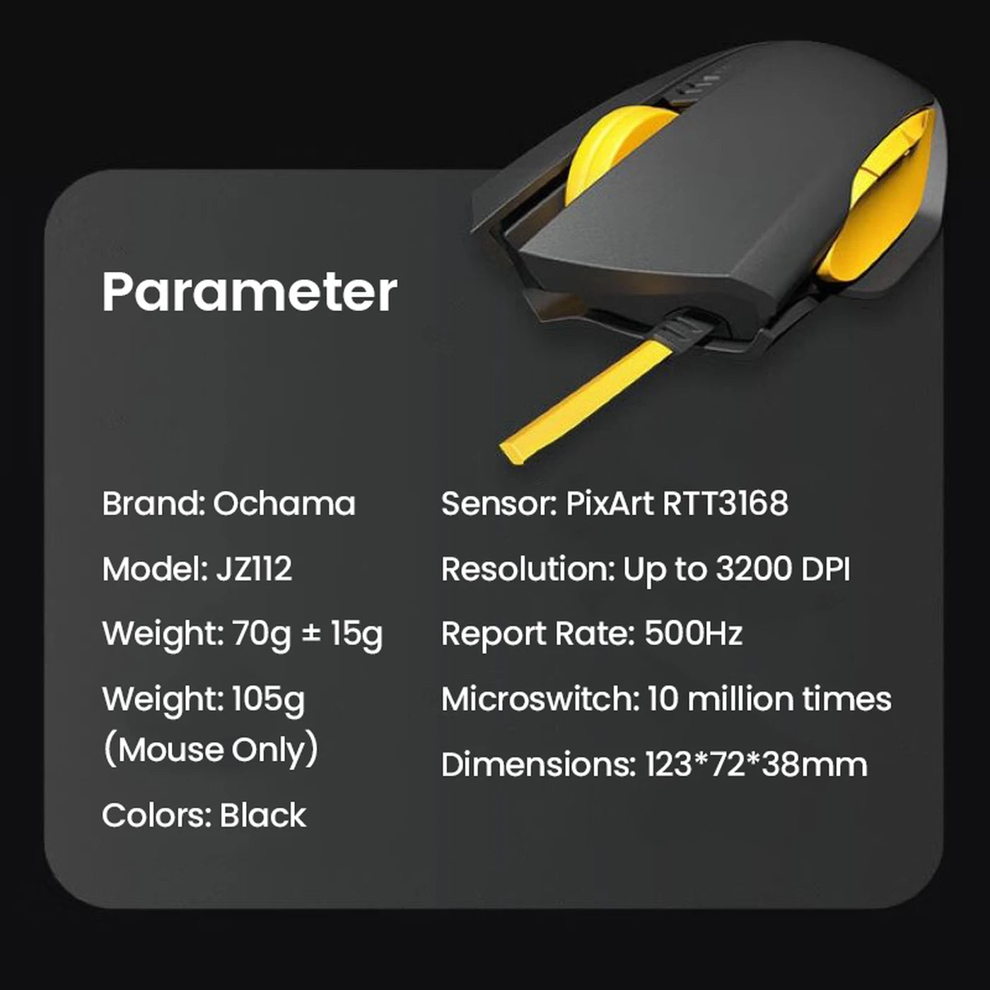 Ochama Kabelgebundene Maus – Schwarz & Gelb – Ergonomisch – Optischer Sensor – 1000 Hz Abtastrate – 4 DPI-Stufen