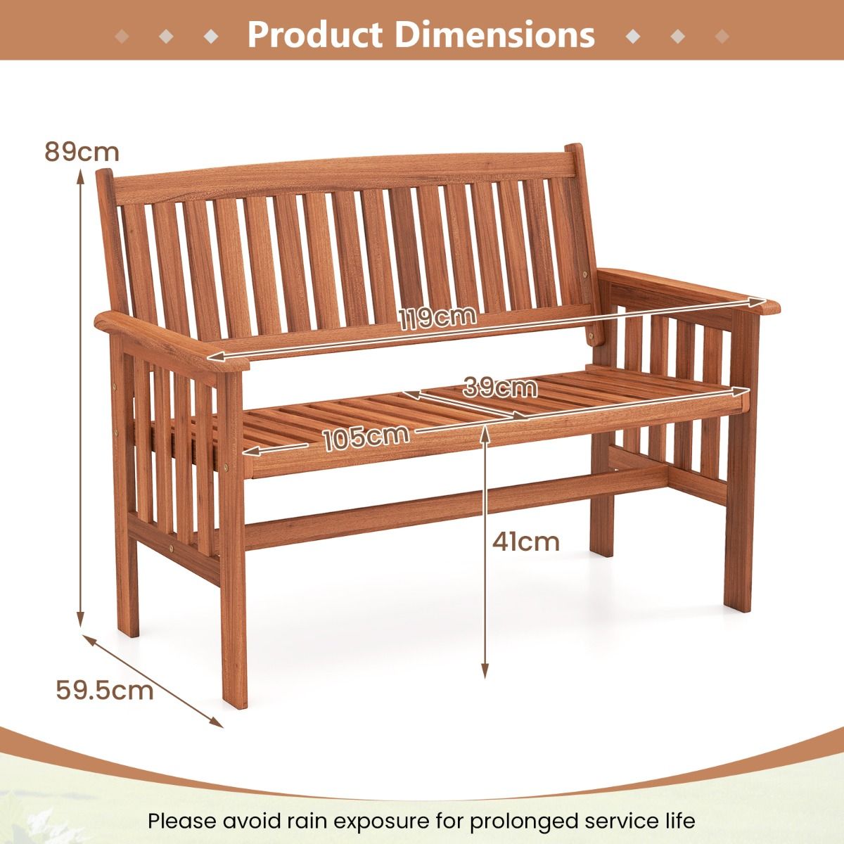 Coast Gartenbank aus Holz – 2-Sitzer – verstellbare Rückenlehne – natur – 119 x 59,5 x 89 cm