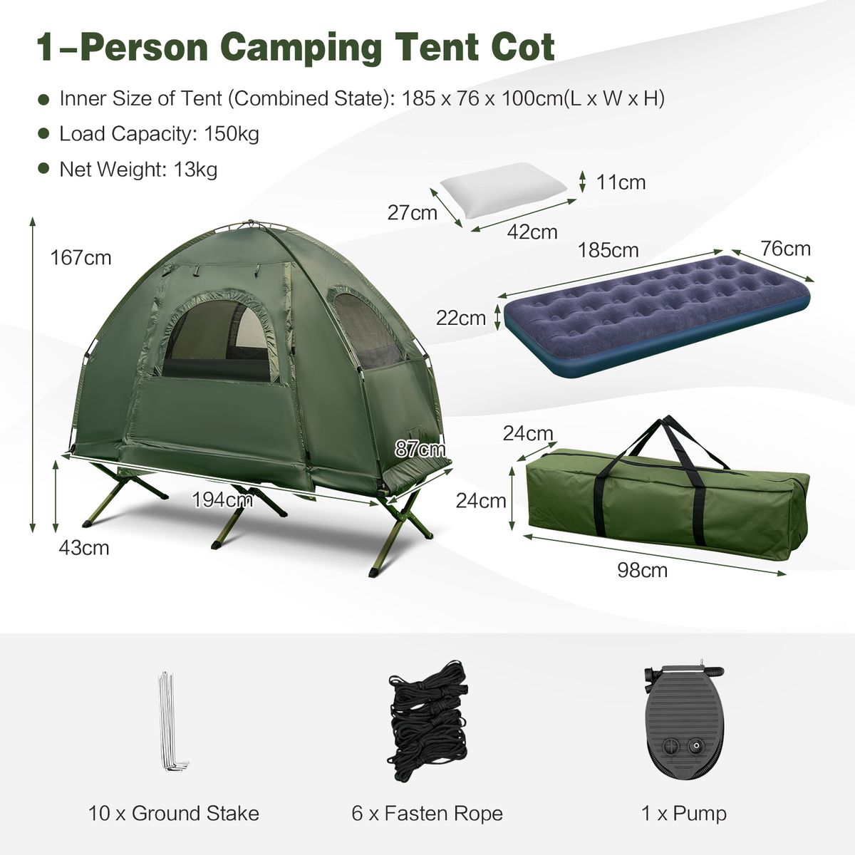 Coast Feldbett mit Zelt – 5-in-1-Camping-Set – Luftmatratze, Schlafsack und Kissen – Grün – 194 x 87 x 167 cm