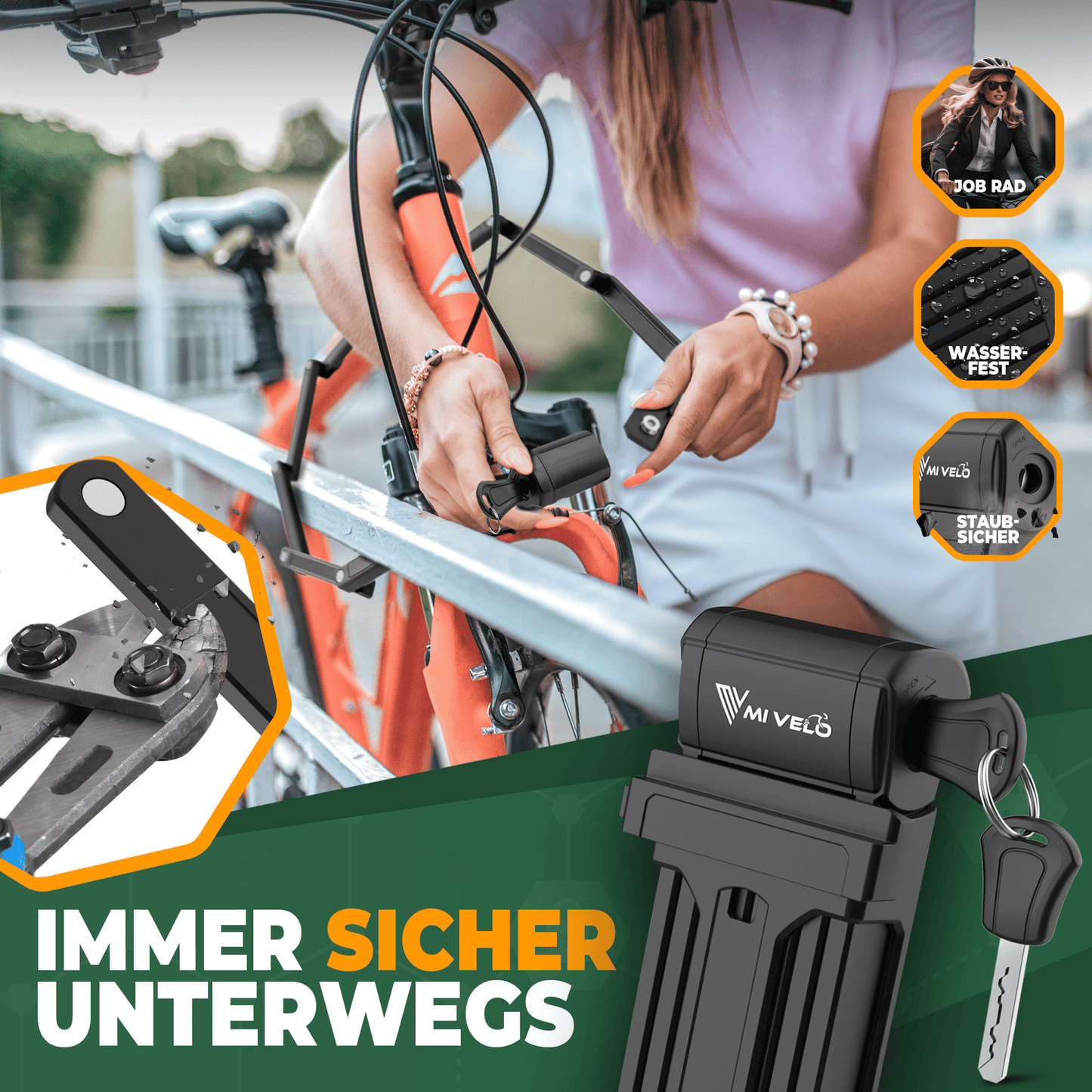 MIVELO - Robustes Fahrradschloss mit Schlüssel - 120 cm lang - Sicherheitsstufe 10/10 - gehärteter Kohlenstoffstahl - Schwarz