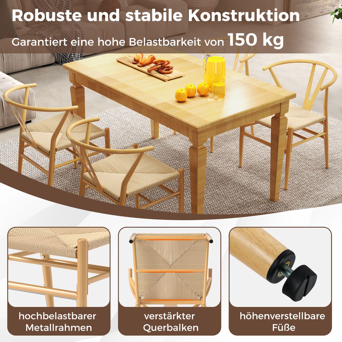 Coast Esszimmerstühle, 2er-Set – Y-förmige Rückenlehne – Sitzfläche aus geflochtenem Rattan – Naturfarben