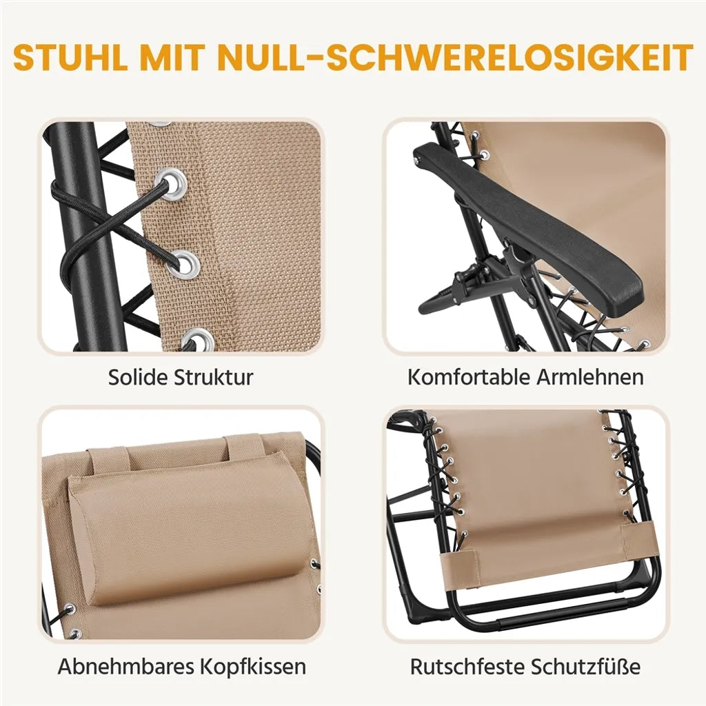 Yaheetech 2er-Set Zero-Gravity-Liegestühle – Beige – Zusammenklappbare Liegestühle mit Kopfkissen und Getränkehalter