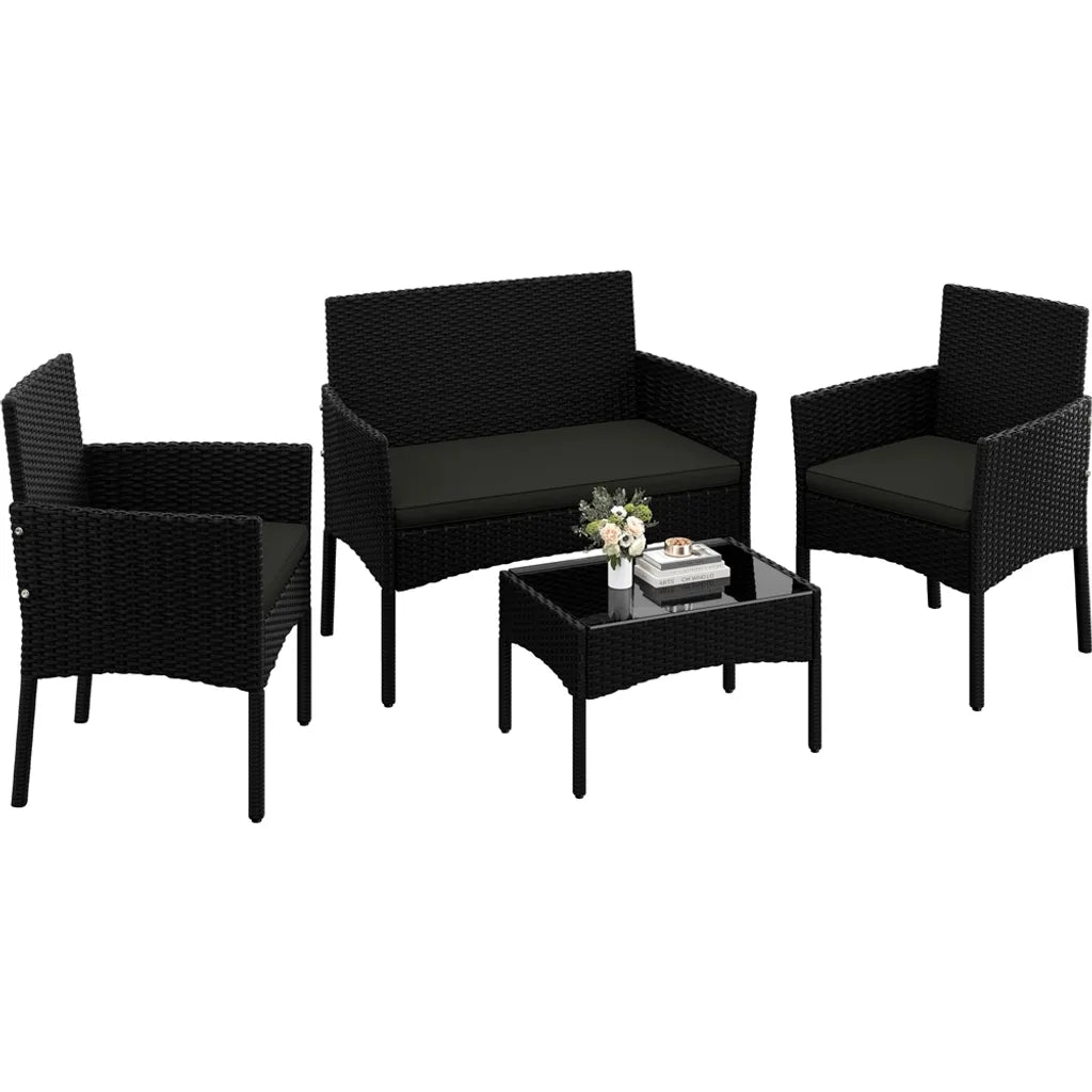 Yaheetech 4-teiliges Lounge-Set für den Garten – Schwarz/Grau – Gartenmöbel-Set aus Polyrattan mit 2-Sitzer-Sofa, 2 Stühlen und Couchtisch