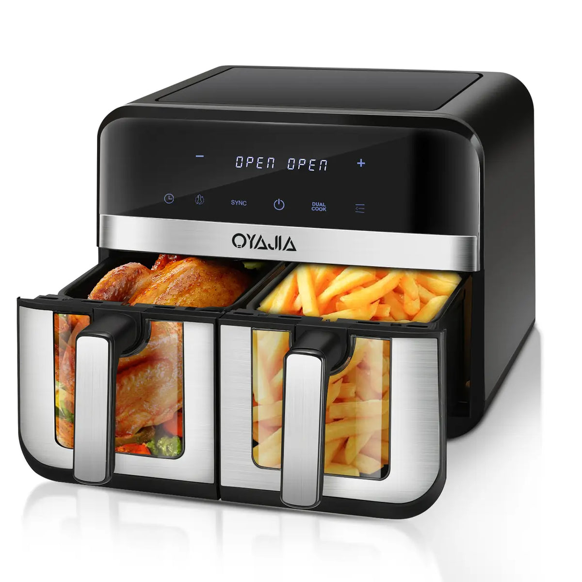 Oyajia Dual-Zone-Heißluftfritteuse mit unabhängiger Temperaturregelung – Digitaler Touchscreen – 4,5 l – Schwarz