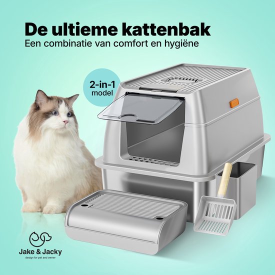 Jake and Jacky Edelstahl Katzenklo - Katzentoilette aus Edelstahl - inkl. Schaufel mit Halter und Streusammelschritt - 2 in 1 offenes Katzenklo mit abnehmbarem Deckel - 60x40x38cm