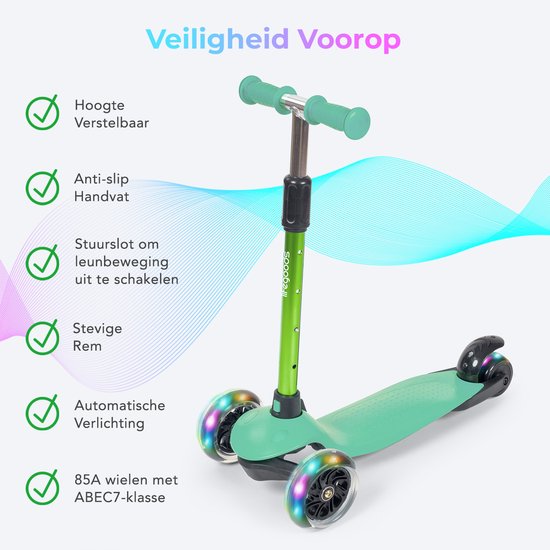 LifeGoods Kinder-Tretroller – Für 2–5-Jährige – 3 leuchtende LED-Räder – Höhenverstellbar – Jungen/Mädchen – Münzgrün