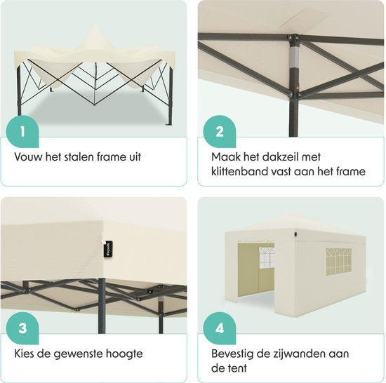 LifeGoods Partyzelt – Pavillon – 3 x 4,5 m – Seitenwände – Easy-Up – Zusammenklappbar – Wasserdicht – Transporttasche mit Rollen – Beige