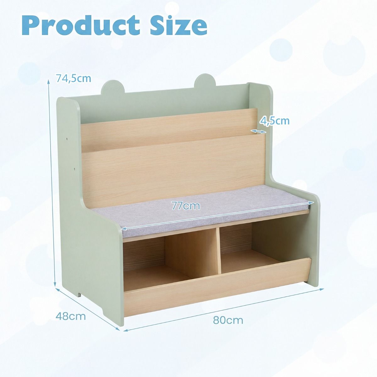 Kinderkraft 3-in-1-Kinderbücherschrank mit Sitzbank – Spielzeugaufbewahrung und Leseecke – 80 x 48 x 74,5 cm – Weiß/Grün
