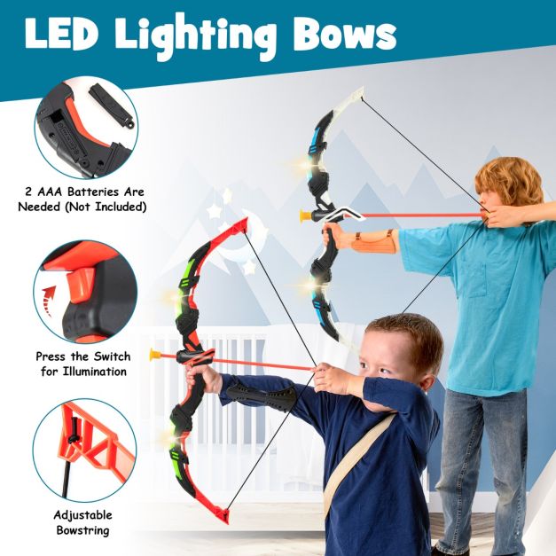 Pfeil und Bogen Set für Kinder mit LED-Beleuchtung - inkl. 20 Pfeile, 2 Trageköcher, Stand- und Hängeziel - Spielset für drinnen und draußen - 110 x 30 cm
