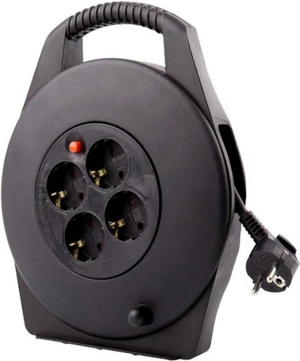 BRASQ Kabeltrommel - 4-fach - Schwarz - 10 Meter - Trommelverlängerungskabel - Verlängerungskabel - Mit Erdung - Für den Innenbereich