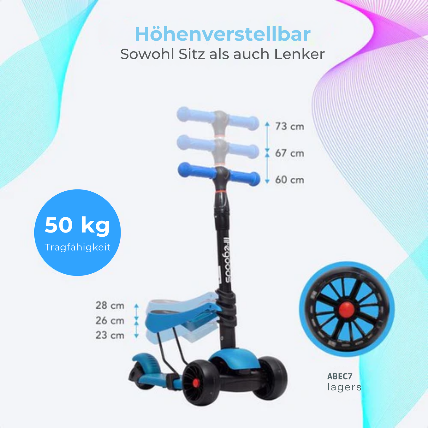 LifeGoods MultiRider Kids' Scooter - Stufe 3-8 Jahre - Verstellbarer Sitz - Leuchtende Räder - Jungen/Mädchen - Blau