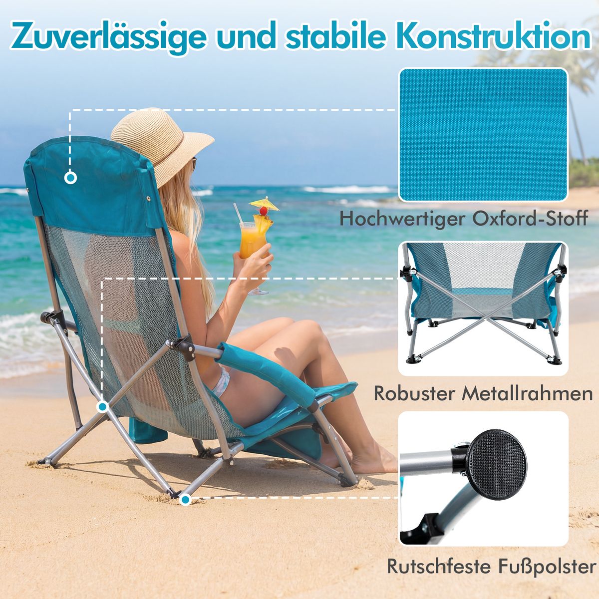 Coast Klappbarer Strandstuhl – atmungsaktives Netzgewebe – mit Armlehnen und Getränkehalter – blau