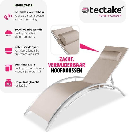 Tectake - 2er-Set Gartenliegen - Aluminium-Liegen - inkl. Kopfkissen - 5-fach verstellbare Rückenlehne - beige
