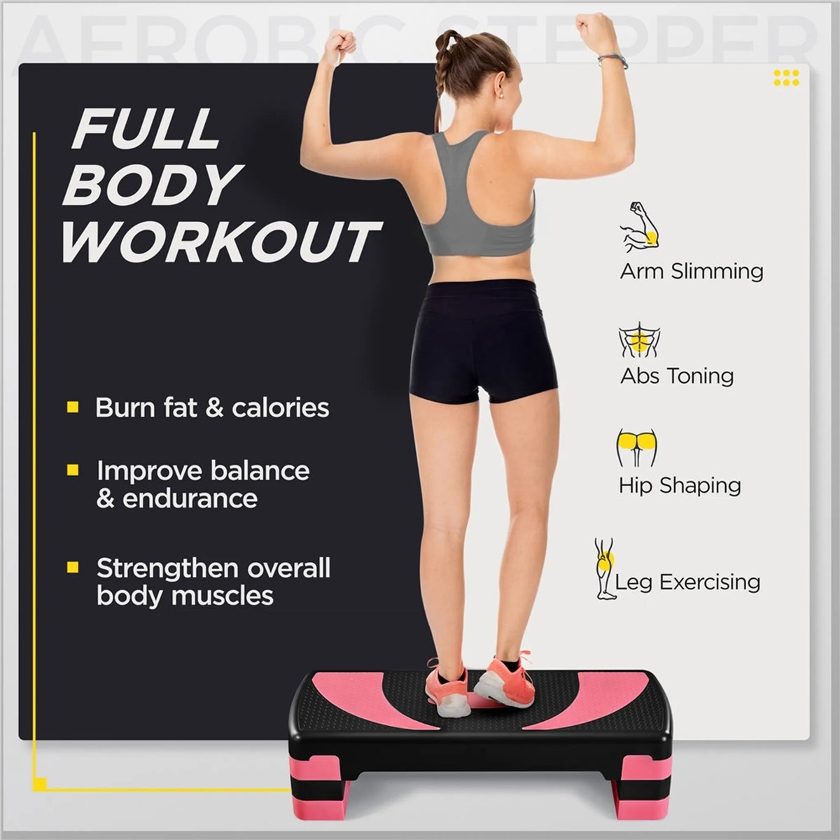 Yaheetech Aerobic Stepper einstellbar - 79,5 x 30 x 20 cm - Features 3 Höhenverstellungen und rutschfeste Oberfläche und Gummi-Schutzfüße - für Home Gym und Fitness-Training - Schwarz und Rosa Kunststoff