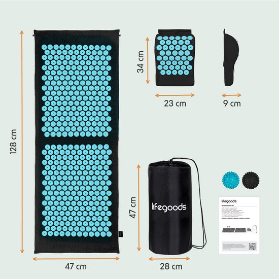 LifeGoods Akupressurmatte XL - Mit Kissen - Shakti Matte - Nagelmatte inkl. 2x Triggerpunkt Ball - 128x48x2cm - Schwarz/Türkis