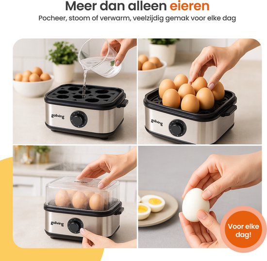 Goliving Eierkocher 2-in-1 - 1 bis 8 Eier - Kochen, Pochieren, Omelett - hart, weich und mittelweich gekocht - elektrisch - mit Timer - Silber