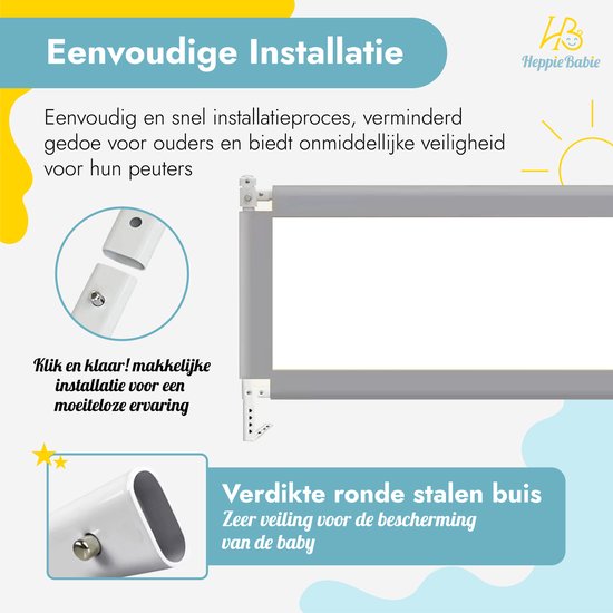 HeppieBabie Bettgitter - Universal - Extra lang 150 CM - Verstellbar - Grau mit Sicherheitsnetz - Bettgitter - Bettgestell