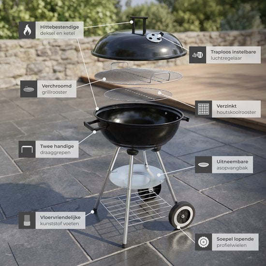 tectake® Holzkohlegrill – Kugelgrill – Grillplatte Ø 41,5 cm – Grill mit 2 Rädern – Smoker mit Deckel – rund – schwarz – Metall