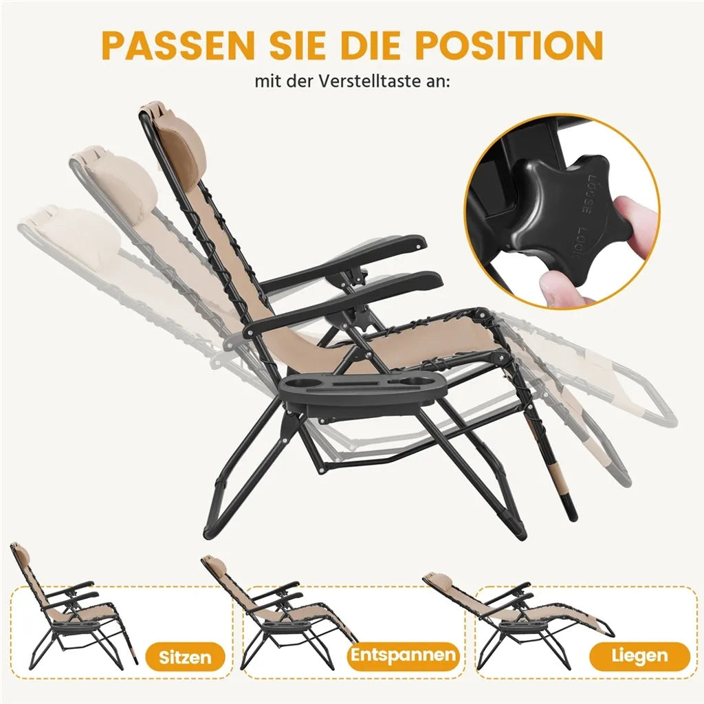 Yaheetech 2er-Set Zero-Gravity-Liegestühle – Beige – Zusammenklappbare Liegestühle mit Kopfkissen und Getränkehalter