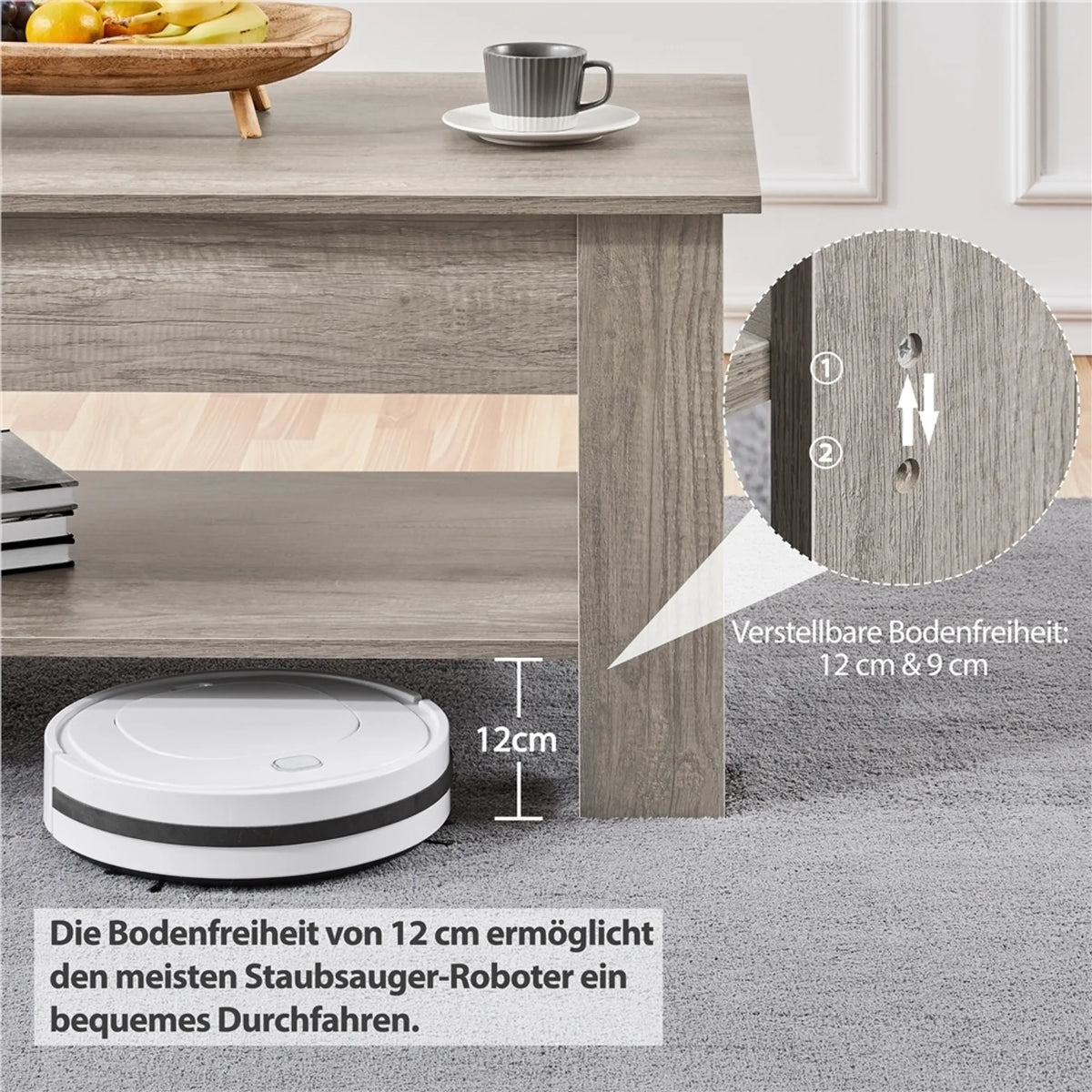 Yaheetech Couchtisch mit Lift-Top-Funktion - Mit versteckter Ablage und verstellbarem unteren Regal und Federmechanismus - Für Wohnzimmer und Arbeitszimmer - Grau Mdf und Metall - 120 x 59 x 49,5-63,5 cm